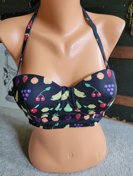 Modcloth Other - Modcloth Pixel Fruit Swim Bikini Top Retro Pac Man Sz Large Cherries Oranges NEW